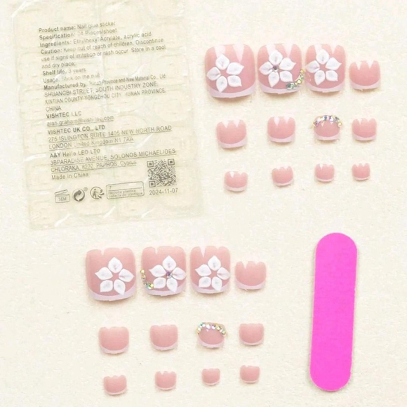 24Pcs Short Square White Toe Nails 3D Flower Rhinestone Set with Nail File SH - Picture 3 of 5
